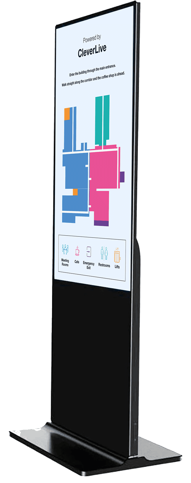 Digitales Wegweiser-Display CM Totem von Clevertouch mit interaktivem Gebäudeplan und Anweisungen dargestellt via CleverLive